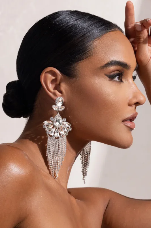 Jaquetta | Silver Crystal Statement Tassel Earrings sold by Club L London