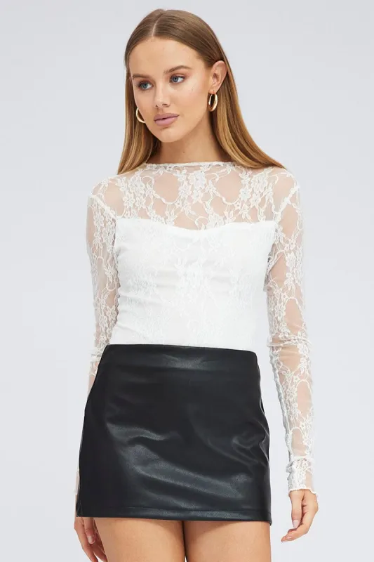 White Bodysuit Long Sleeve Mock Neck Lace Jersey Lined sold by Ally Fashion