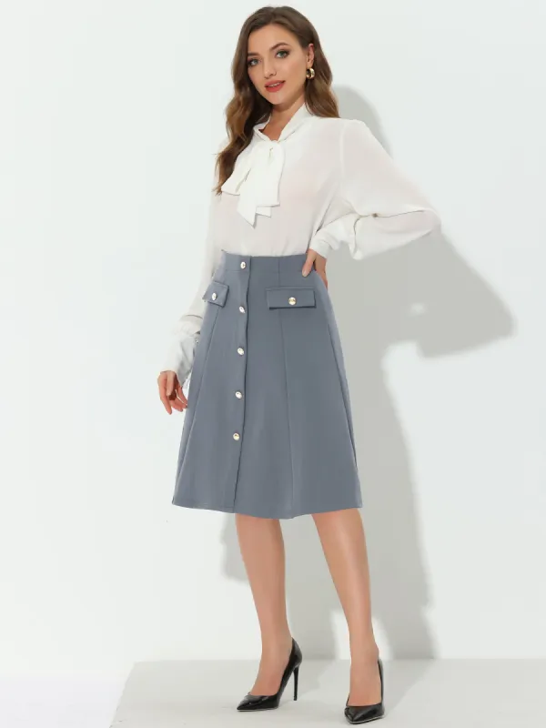 Button Front Work A-Line Formal Knee Length Skirt sold by Allegra K