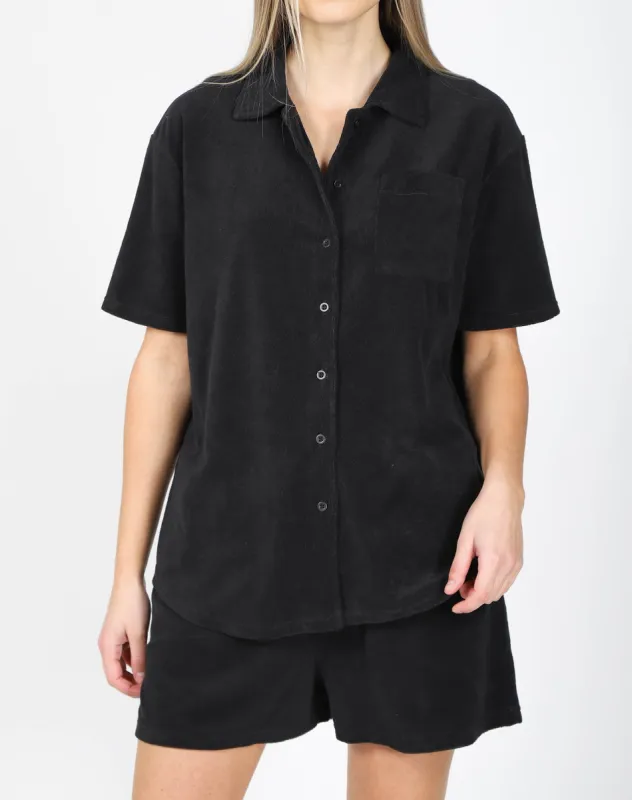 The Terry Cloth Button Up Shirt | Black sold by Brunette The Label