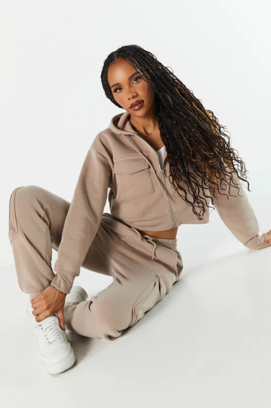 Fleece Cargo Pocket Zip-Up Hoodie sold by Charlotte Russe