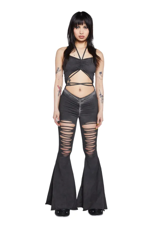 Reverb V-Cut Slashed Bell Bottom Jumpsuit sold by Dolls Kill