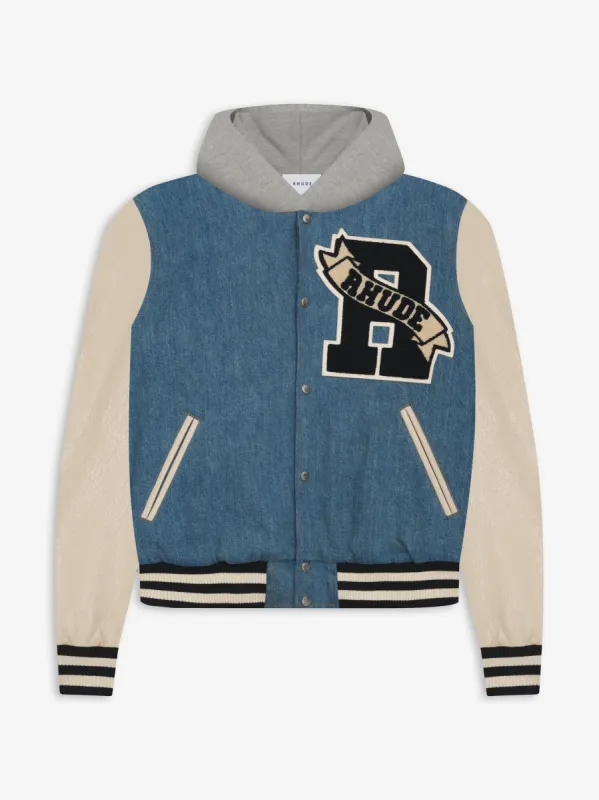 WASHED DENIM HOODED VARSITY JACKET sold by Rhude