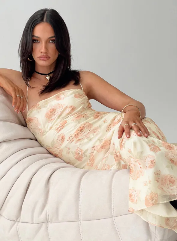 Cartian Strapless Maxi Dress Cream / Pink Floral sold by Princess Polly