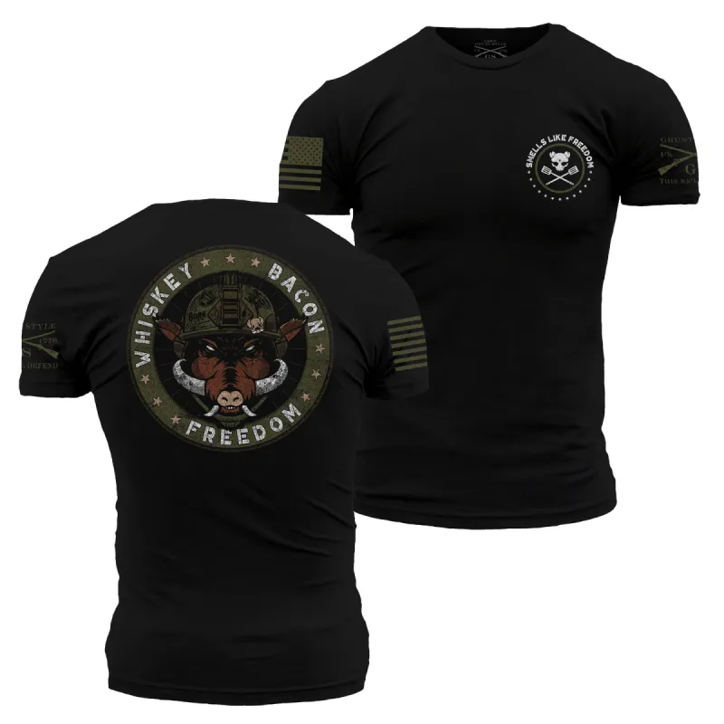 Whiskey. Bacon. Freedom. T-Shirt - Black sold by Grunt Style