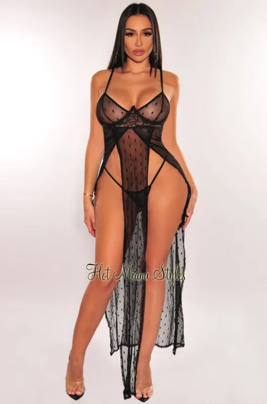 Black Sheer Lace Underwire Double Slit Maxi Thong Lingerie Two Piece Set sold by Hot Miami Styles