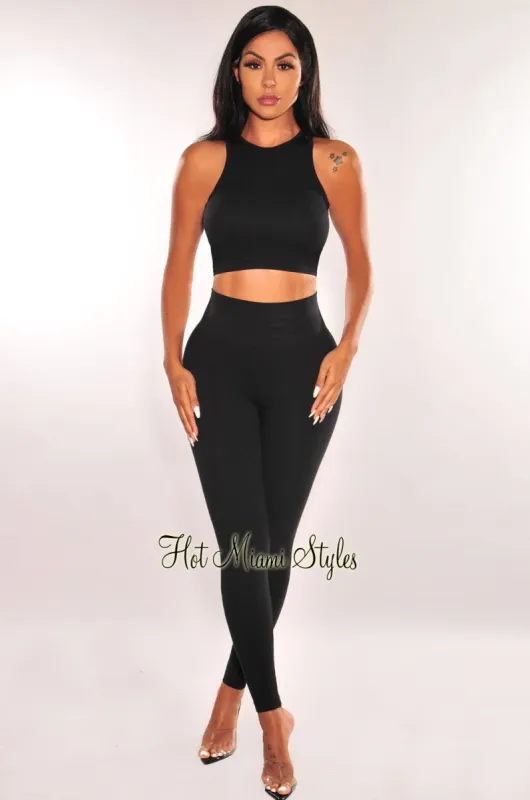 HMS ESSENTIALS: Black Ribbed Waist Snatch Leggings sold by Hot Miami Styles