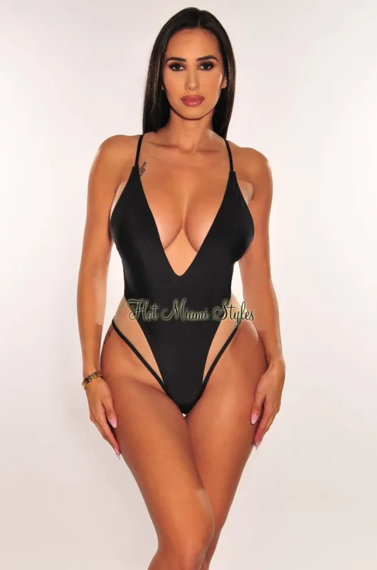 Black Mesh Nude Illusion Spaghetti Strap Deep V Neck Swimsuit sold by Hot Miami Styles