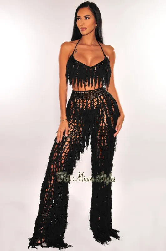 Black Crochet Halter Fringe Pants Two Piece Set Cover Up sold by Hot Miami Styles