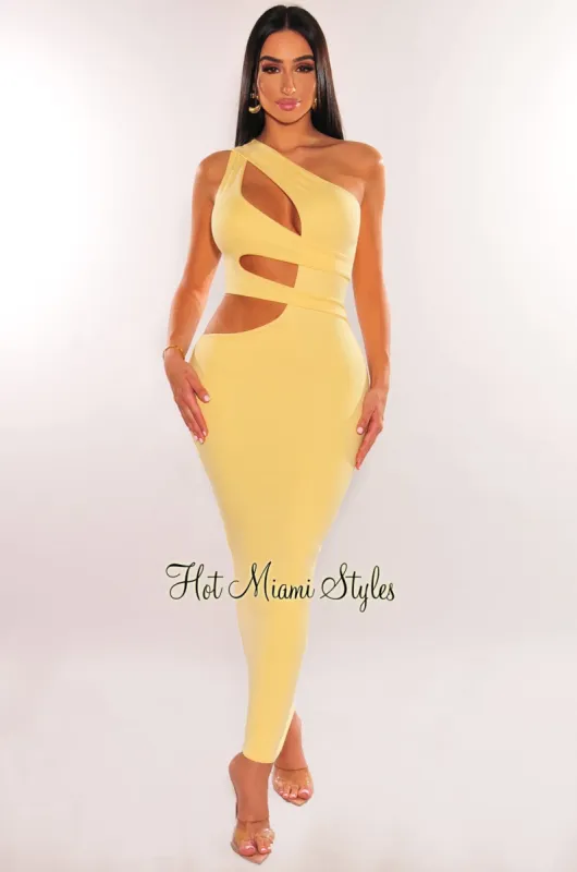 Yellow One Shoulder Cut Out Midi Dress sold by Hot Miami Styles