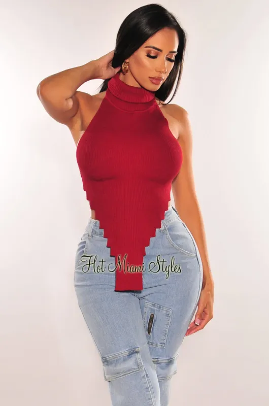Burgundy Ribbed Knit Turtleneck Sleeveless Asymmetrical Crop Top sold by Hot Miami Styles