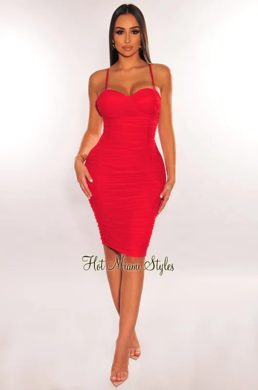 Red Mesh Spaghetti Straps Padded Ruched Dress sold by Hot Miami Styles