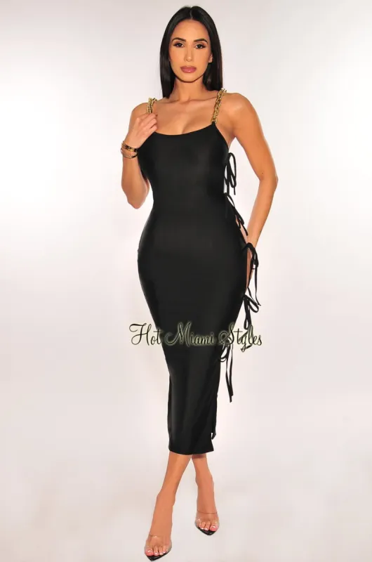 Black Gold Chain Straps Tie Up Sides Dress sold by Hot Miami Styles