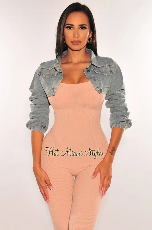 Denim Wash Collared Button Up Long Sleeve Cropped Jacket sold by Hot Miami Styles