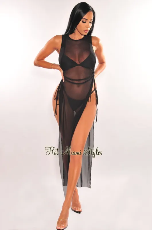 Black Mesh Sheer Sleeveless Drawstring Side Slits Cover Up Dress sold by Hot Miami Styles