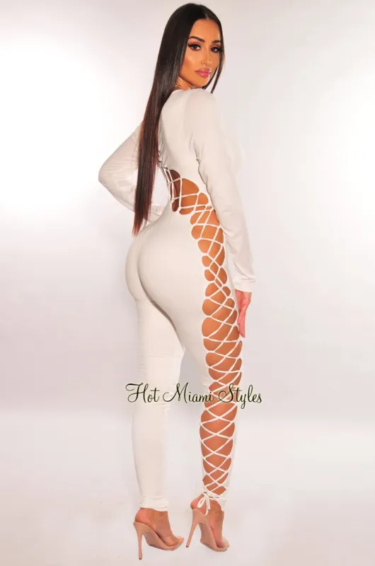 White Long Sleeve Lace Up Back Jumpsuit sold by Hot Miami Styles