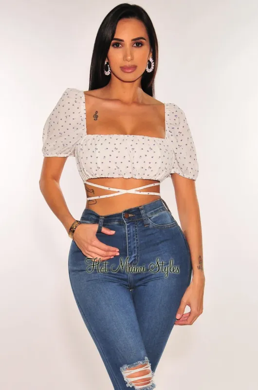 White Floral Print Short Sleeve Wrap Around Crop Top sold by Hot Miami Styles