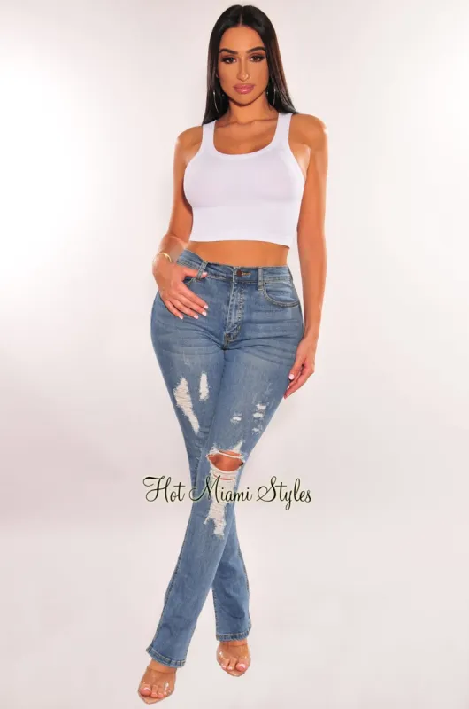 Blue Denim Distressed Slit Hem Jeans sold by Hot Miami Styles