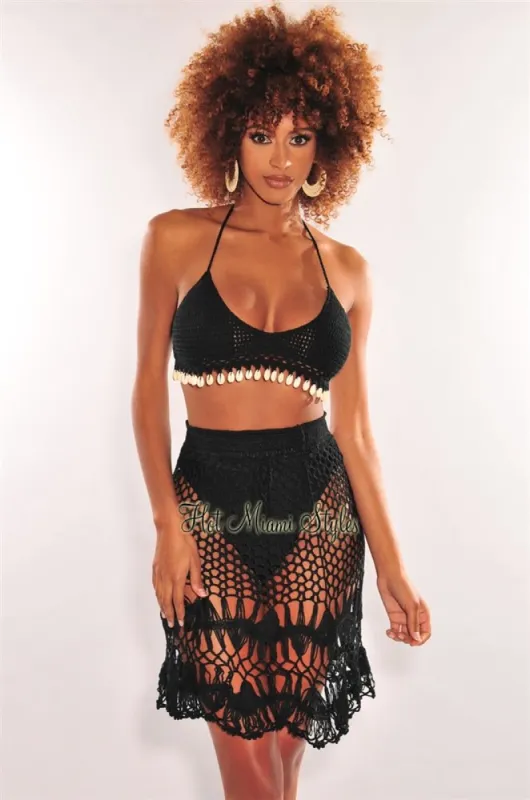 Black Crochet Halter Cowrie Shells Skirt Two Piece Set Cover Up sold by Hot Miami Styles