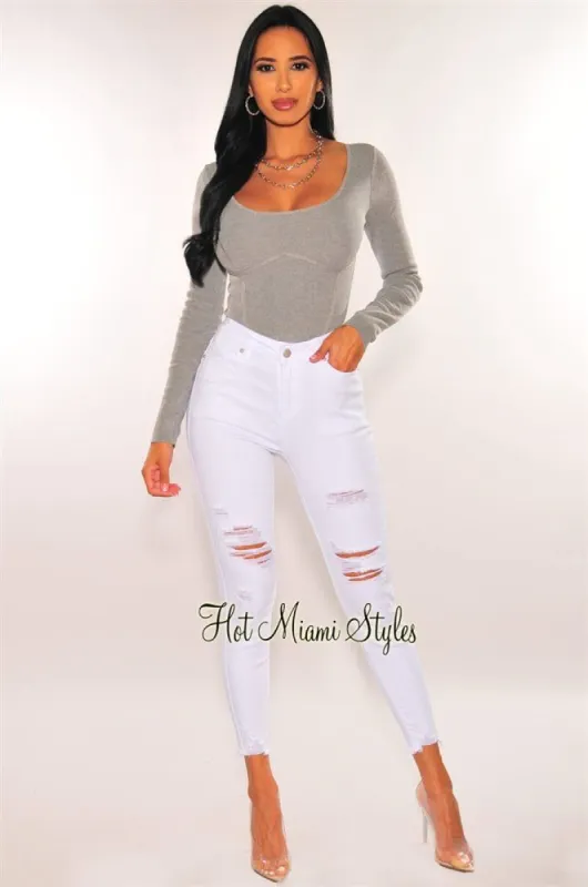 White Denim Ripped High Waist Skinny Jeans sold by Hot Miami Styles