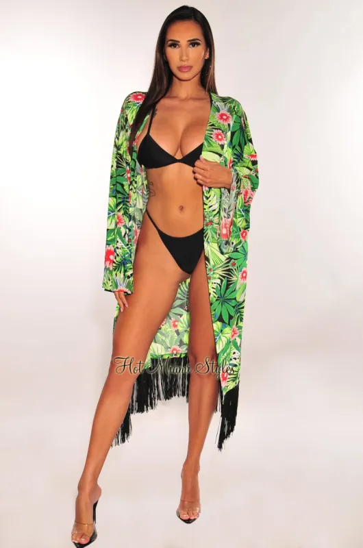 Green Tropical Print Kimono Sleeves Fringe Cover Up sold by Hot Miami Styles