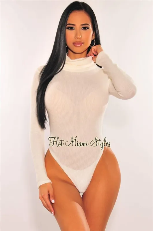 Off White Turtle Neck Fuzzy Ribbed Knit Long Sleeve Bodysuit sold by Hot Miami Styles
