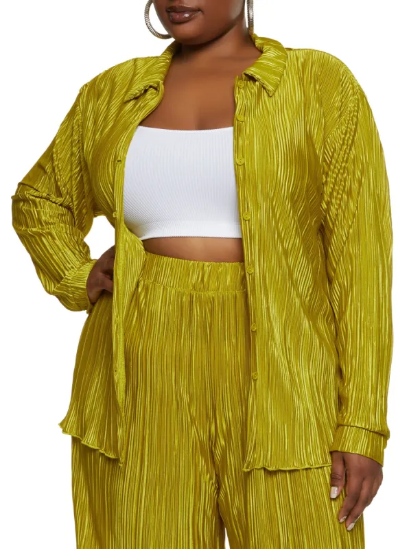 Plus Size Plisse Button Front Shirt sold by Rainbow