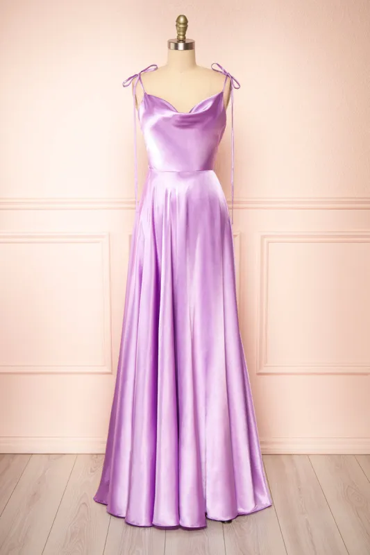 Moira Lavender | Cowl Neck Satin Maxi Dress with High Slit sold by Boutique 1861