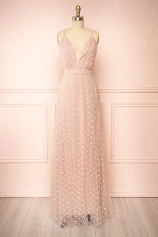 Margarida | Polka Dot Pink Tulle Maxi Dress sold by Boutique 1861