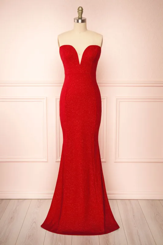 Norcia Red | Shimmery Bustier Mermaid Maxi Dress sold by Boutique 1861