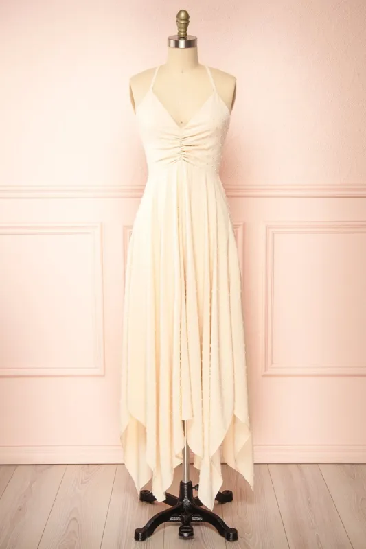 Keila | Asymmetrical Beige Midi Dress sold by Boutique 1861