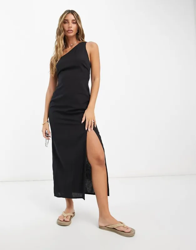 ASOS DESIGN - Midi-zomerjurk van linnen met blote schouder en dijsplit in zwart sold by ASOS