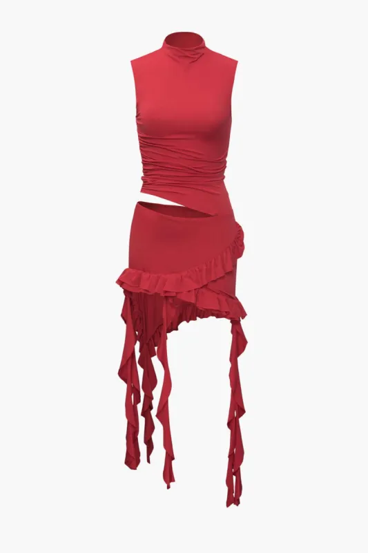 Mock Neck Cut Out Ruffle Mini Dress sold by Micas