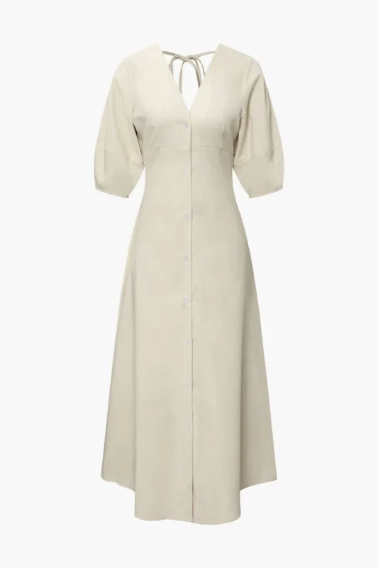 Linen-Blend V-neck Tie Back Maxi Dress sold by Micas