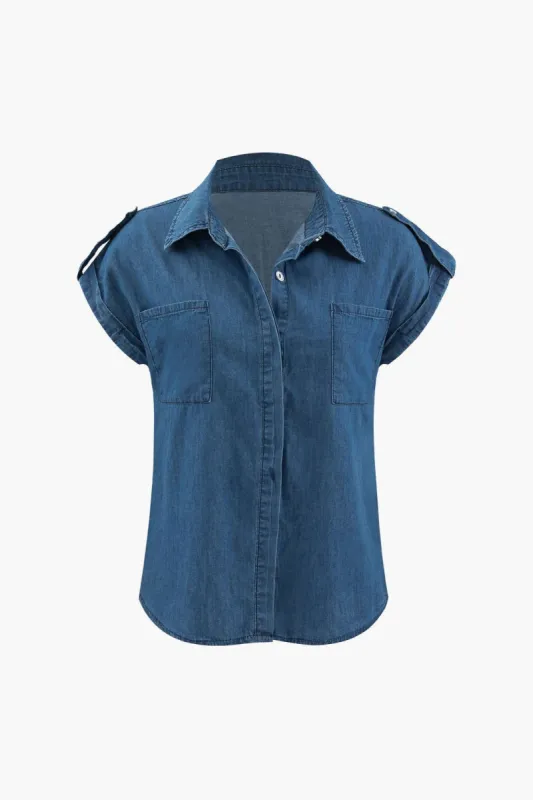 Cap Sleeve Chest Pocket Denim Shirt sold by Micas