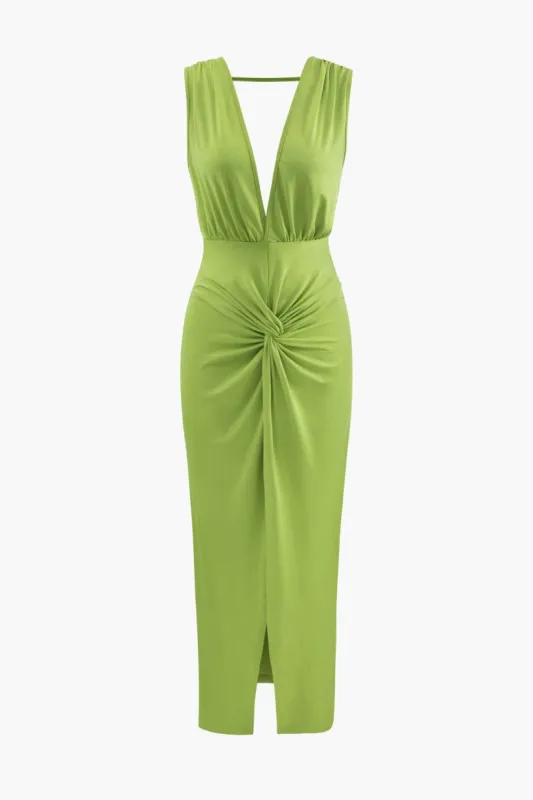 Deep V-neck Backless Slit Midi Dress sold by Micas