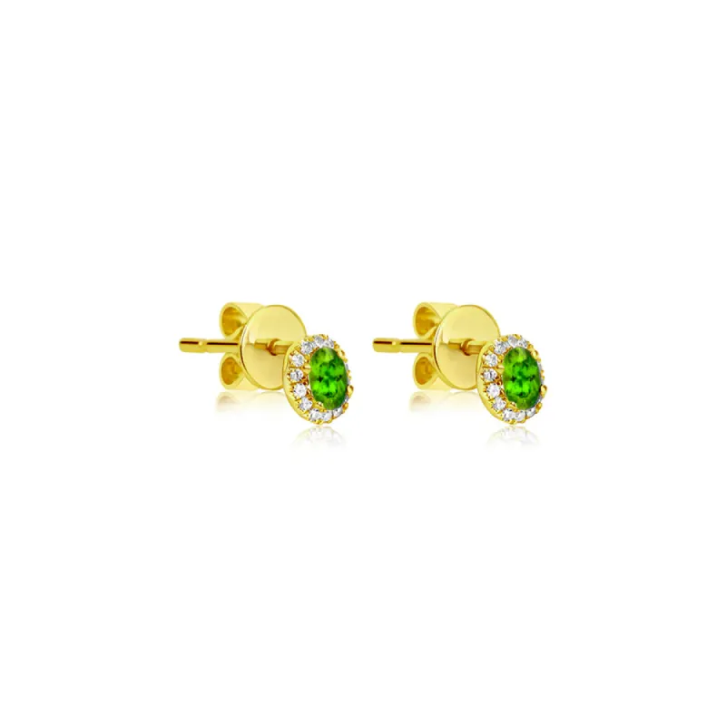 Yellow Gold Diamond Halo Peridot Studs sold by Meira T