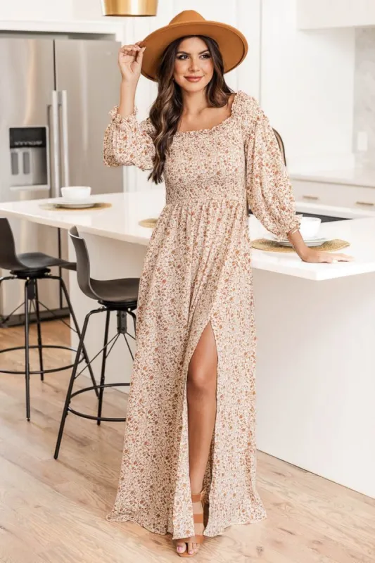 Sounds In My Mind Cream Smocked Bust Off The Shoulder Floral Maxi Dress sold by Pink Lily