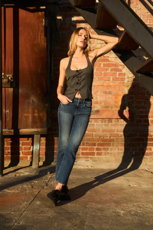 MID RISE CROPPED SLIM STRAIGHT JEANS - MEDIUM DARK sold by Sneak Peek
