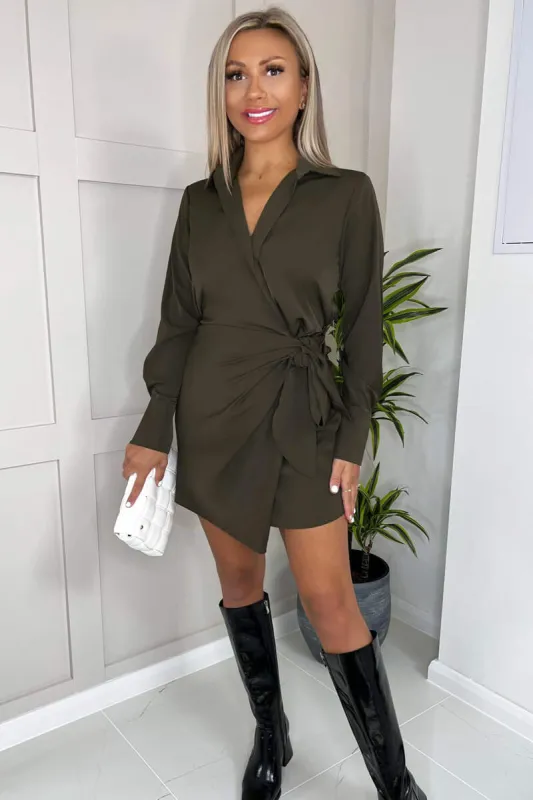 Olive Tie Wrap Long Sleeve Mini Dress sold by AX Paris