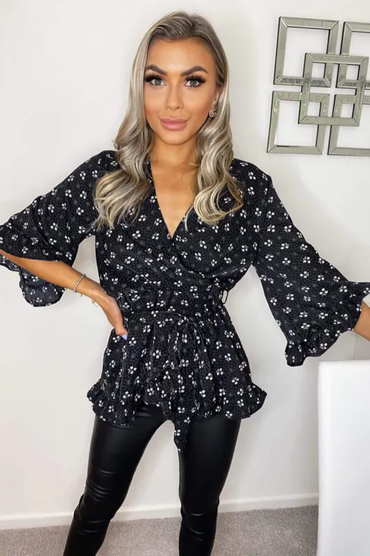 Black Ditsy Floral and Spot Wrap Top sold by AX Paris