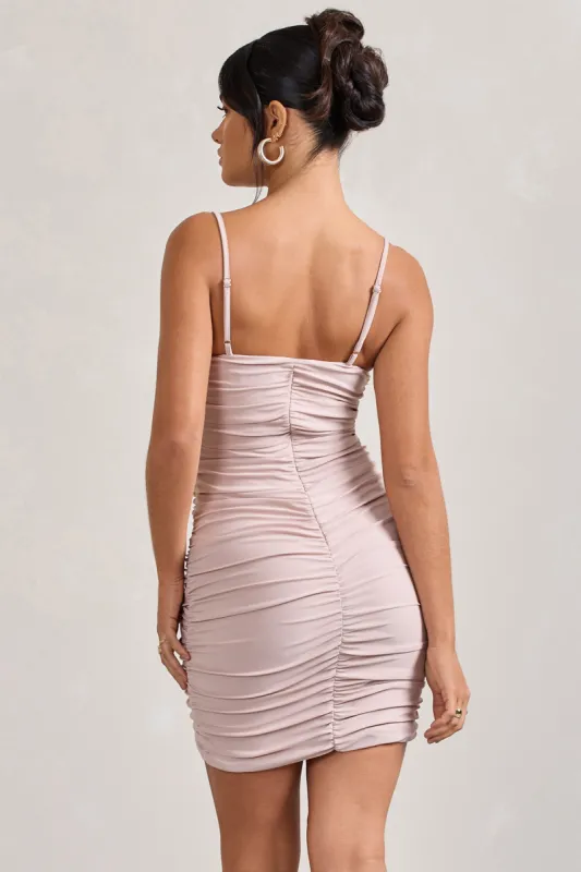 Brightest | Champagne Ruched Strappy Asymmetric Bodycon Mini Dress sold by Club L London