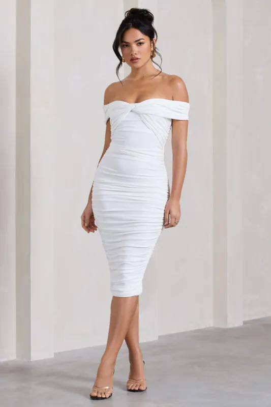 Gratitude | White Off The Shoulder Ruched Midi Dress sold by Club L London