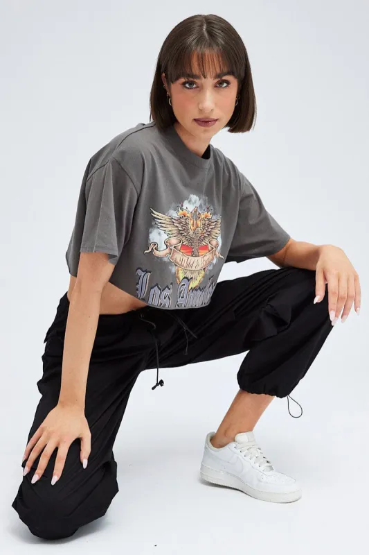 Grey Crop Tee Short Sleeve Graphic Eagle sold by Ally Fashion