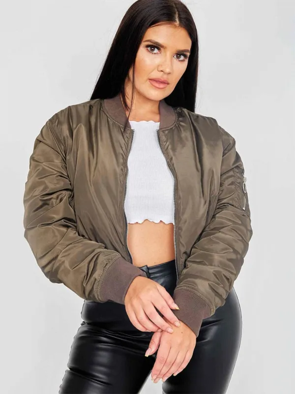 Meg Pull-Ring Zip-Up Bomber Jacket In Khaki sold by Vivichi