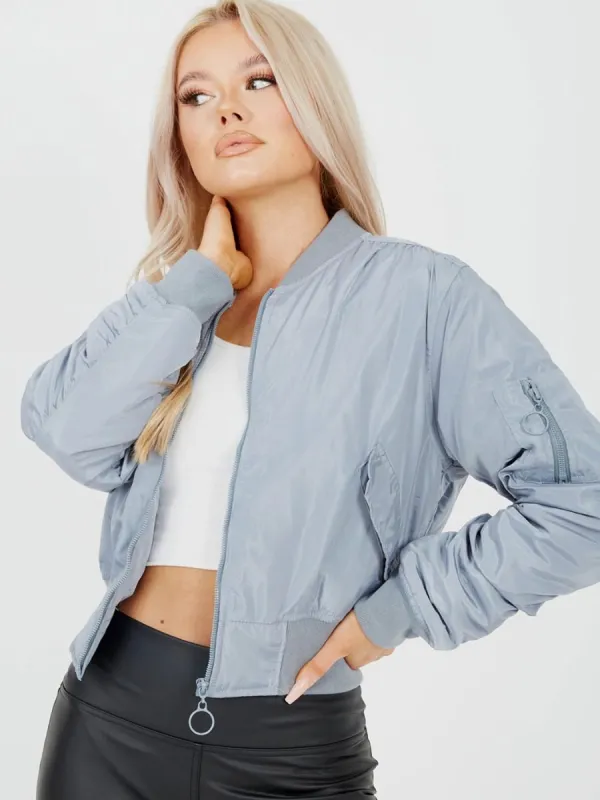 Meg Pull-Ring Zip-Up Bomber Jacket In Grey sold by Vivichi