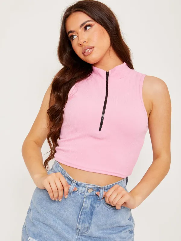 Arienne Sleeveless Zip Detail Ribbed Crop Top In Pink sold by Vivichi