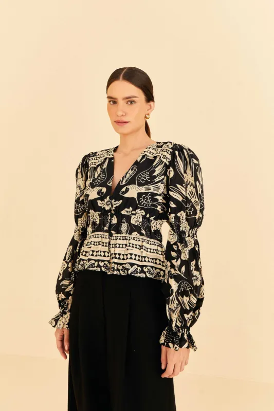 Black Graphic Floral Blouse sold by FARM Rio