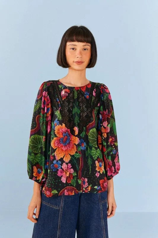 Black Blooming Garden Blouse sold by FARM Rio