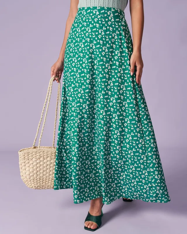 The Green Elastic Waist Floral Midi Skirt sold by rihoas